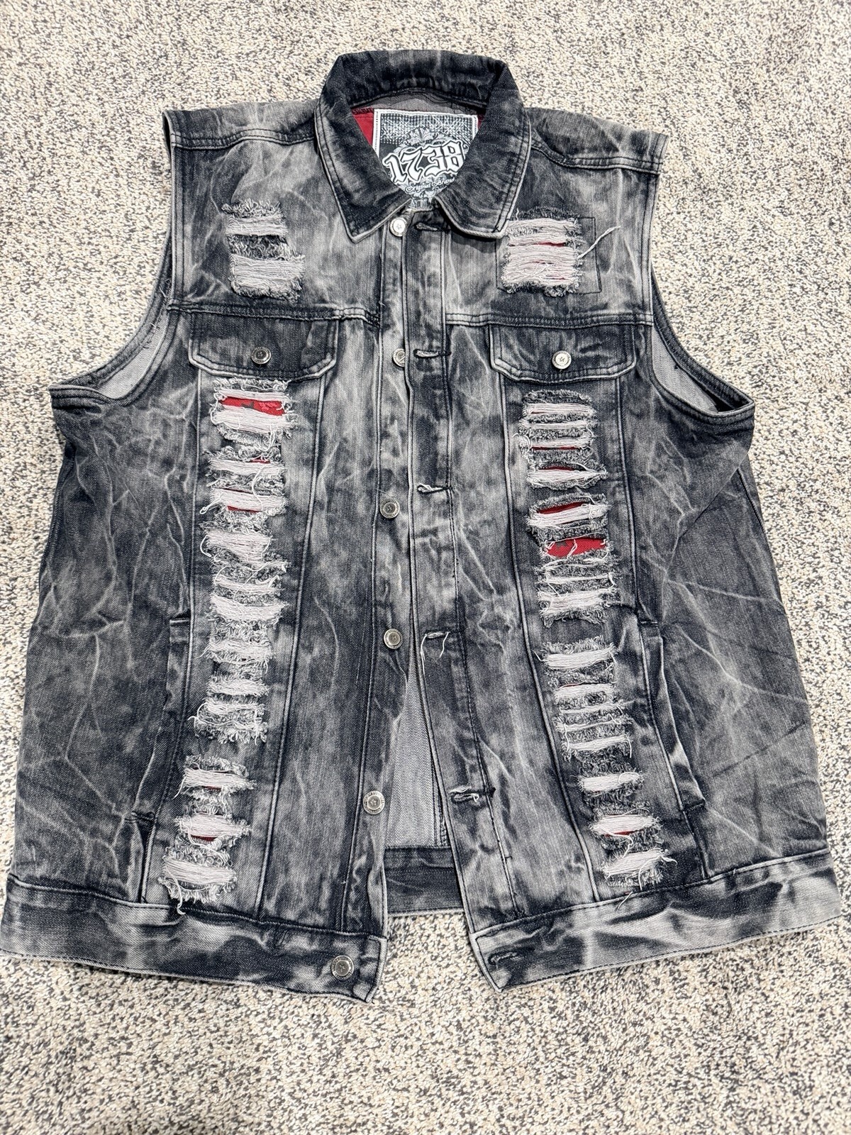 1778 Men’s Black Denim Vest XL Button Front, distressed street ware