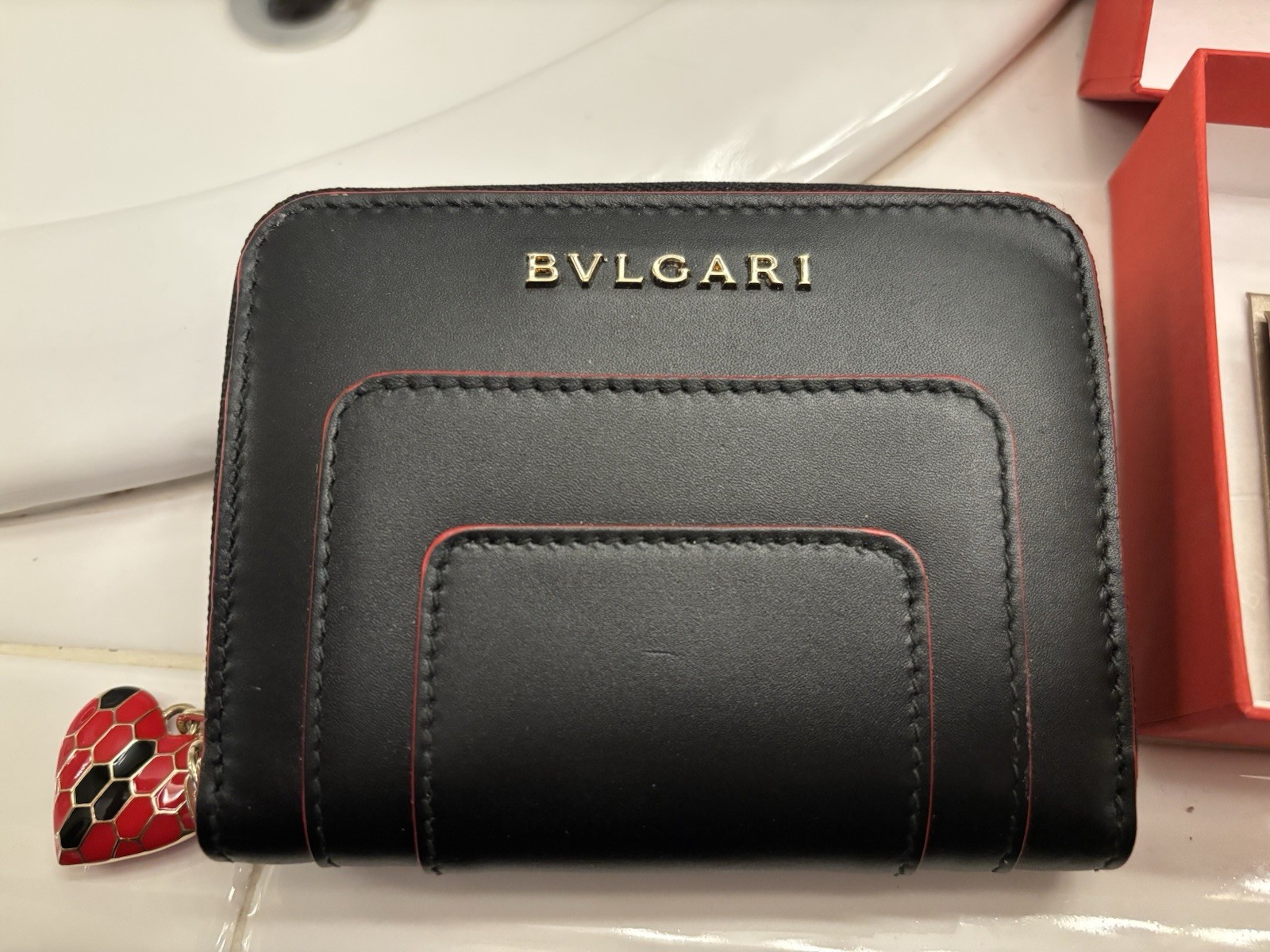 Bvlgari Serpenti in Love Black/Red Zip-Around Wallet w/ Card Slots