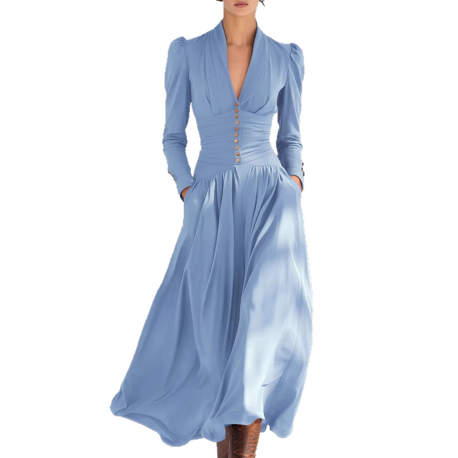 Elegant V-Neck Satin Dress with Puffed Long Sleeves and High Waist Silhouette
