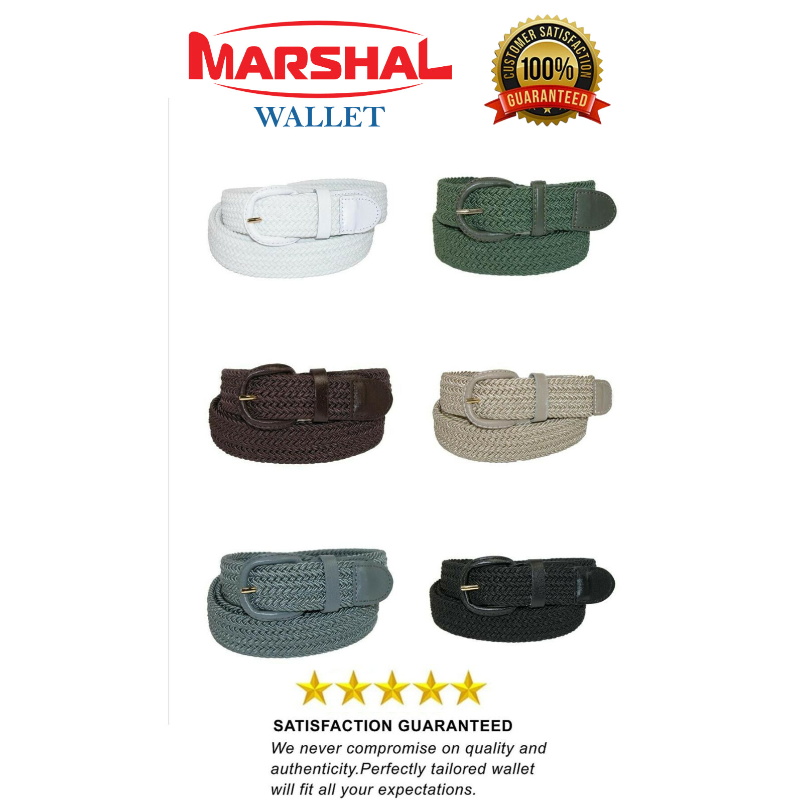 7001 Men’s New Leather Covered Buckle Woven Elastic Stretch Belt 1-1/4″ Unisex
