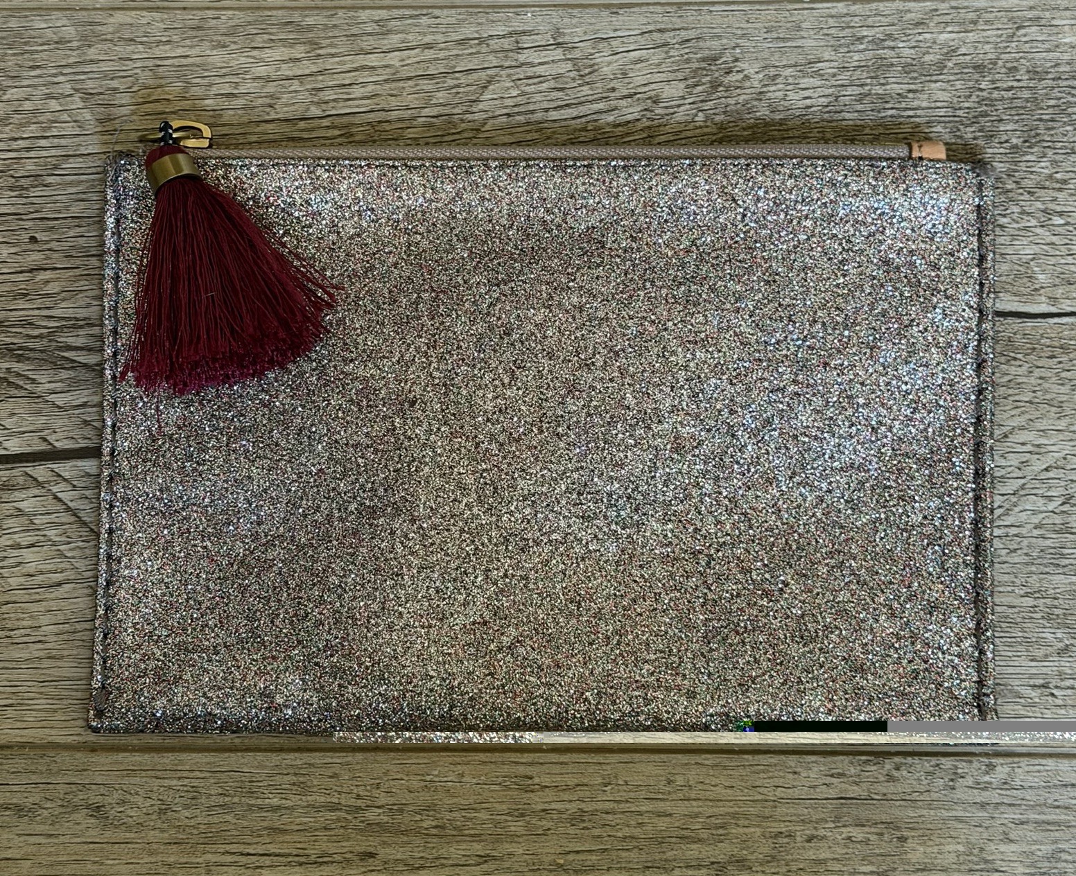 J Crew Rainbow Glitter Pouch Clutch Gold Metallic Multicolor Red Tassel Small