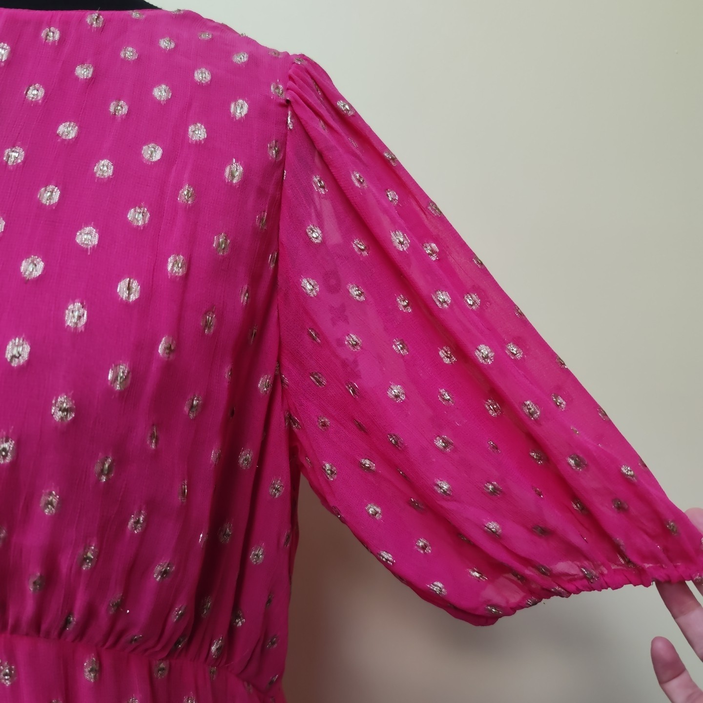 Rixo Pink Gold Dot Midi Dress XXL Size 18 Shireen Layers Sheer V-back Wedding
