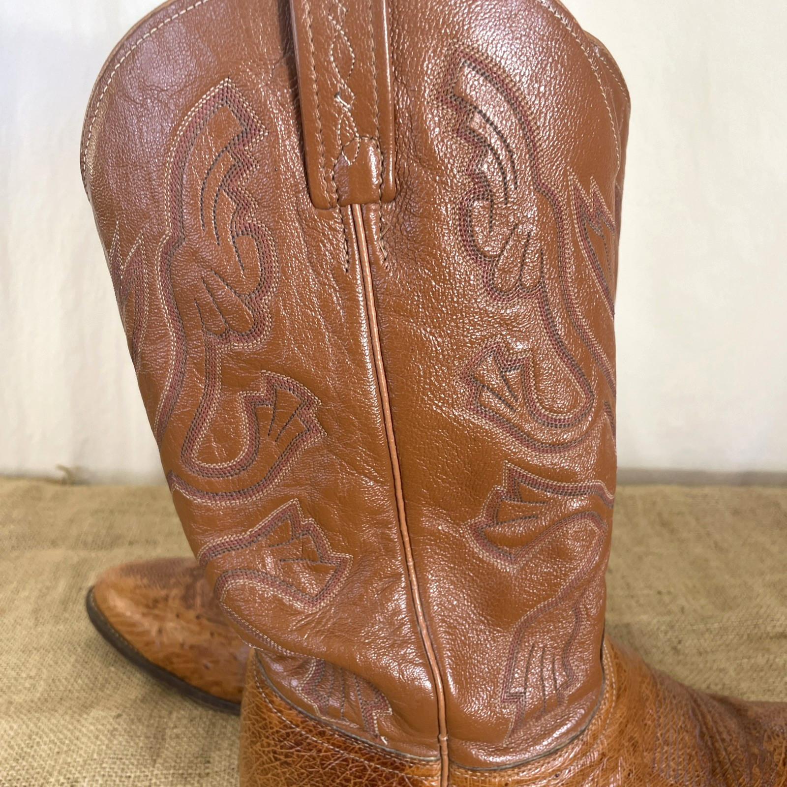 VTG J Chisholm Men Size 11.5D Full Quill Ostrich Leather Cognac Cowboy Boots USA