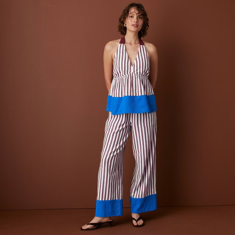Women Halter Striped Babydoll Top – Rosie Assoulin Burgundy/Blue M