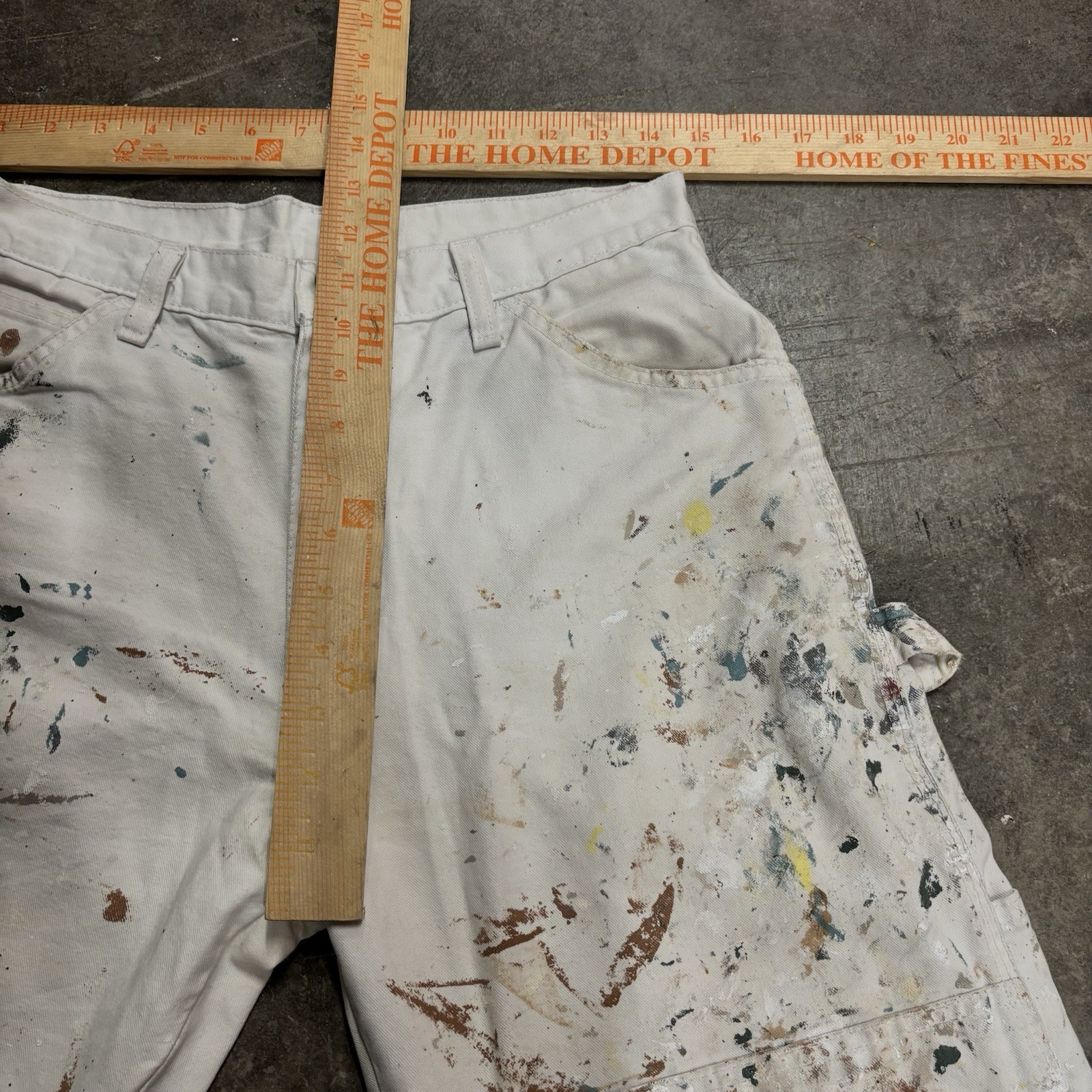 Vintage 90s Distressed Paint Splatter White Canvas Dickies Carpenter Pants 30×30