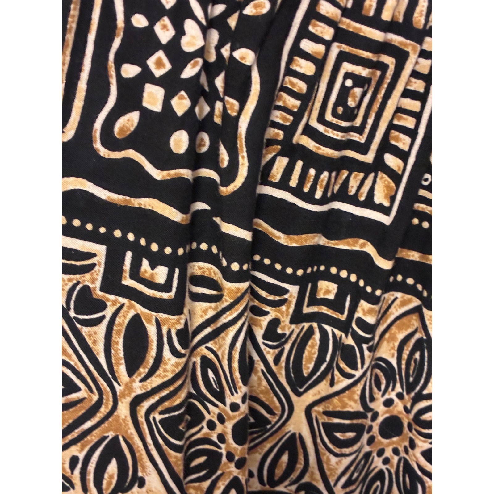 Vintage La Cera Cotton Batik Print Midi Dress Black Tan Geometric Pockets Medium