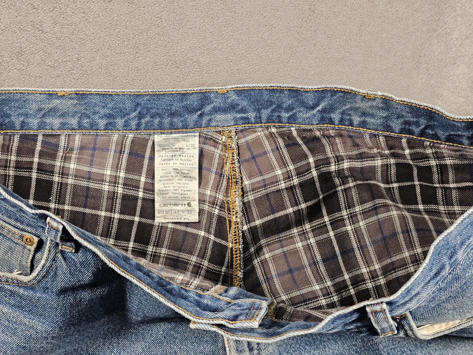 Carhartt B172 Relaxed Fit Tapered Flannel Lined Jeans Mens 42×32 Dark Stone