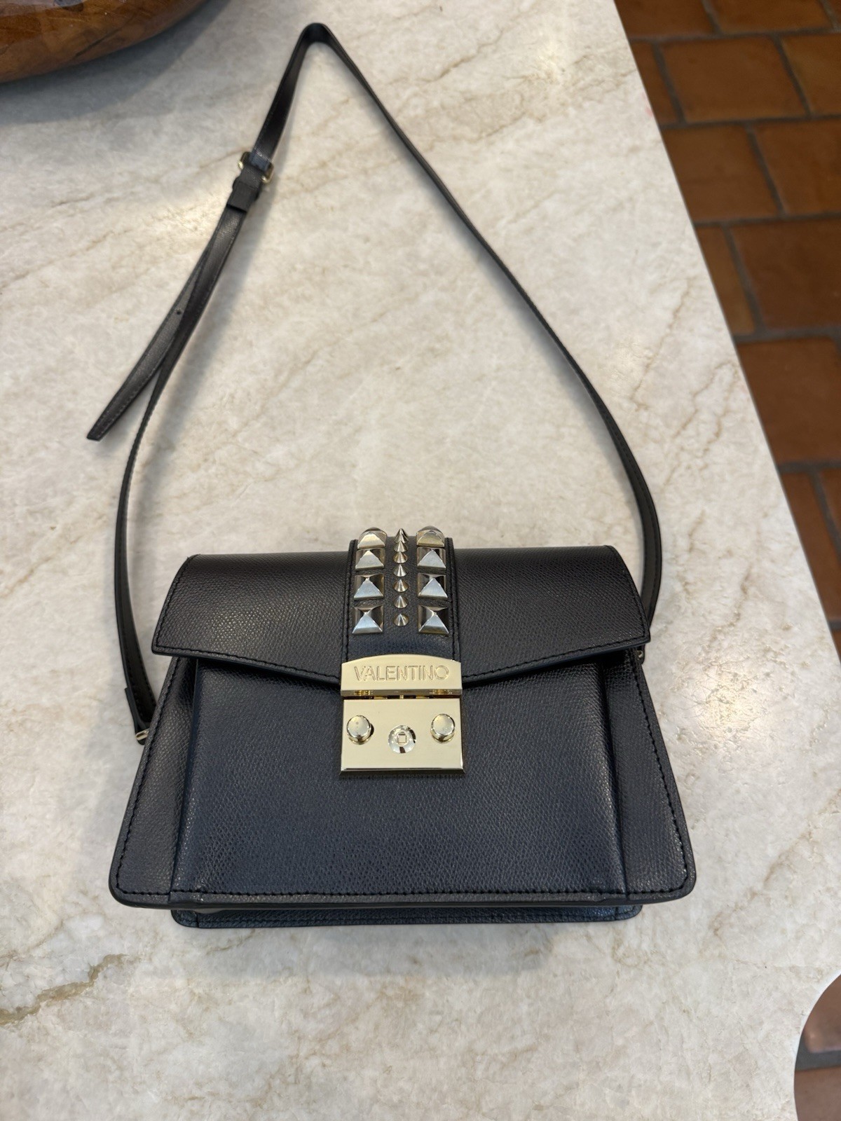 Valentino- Black Studded Logo Designer Crossbody Bag Strap Accent