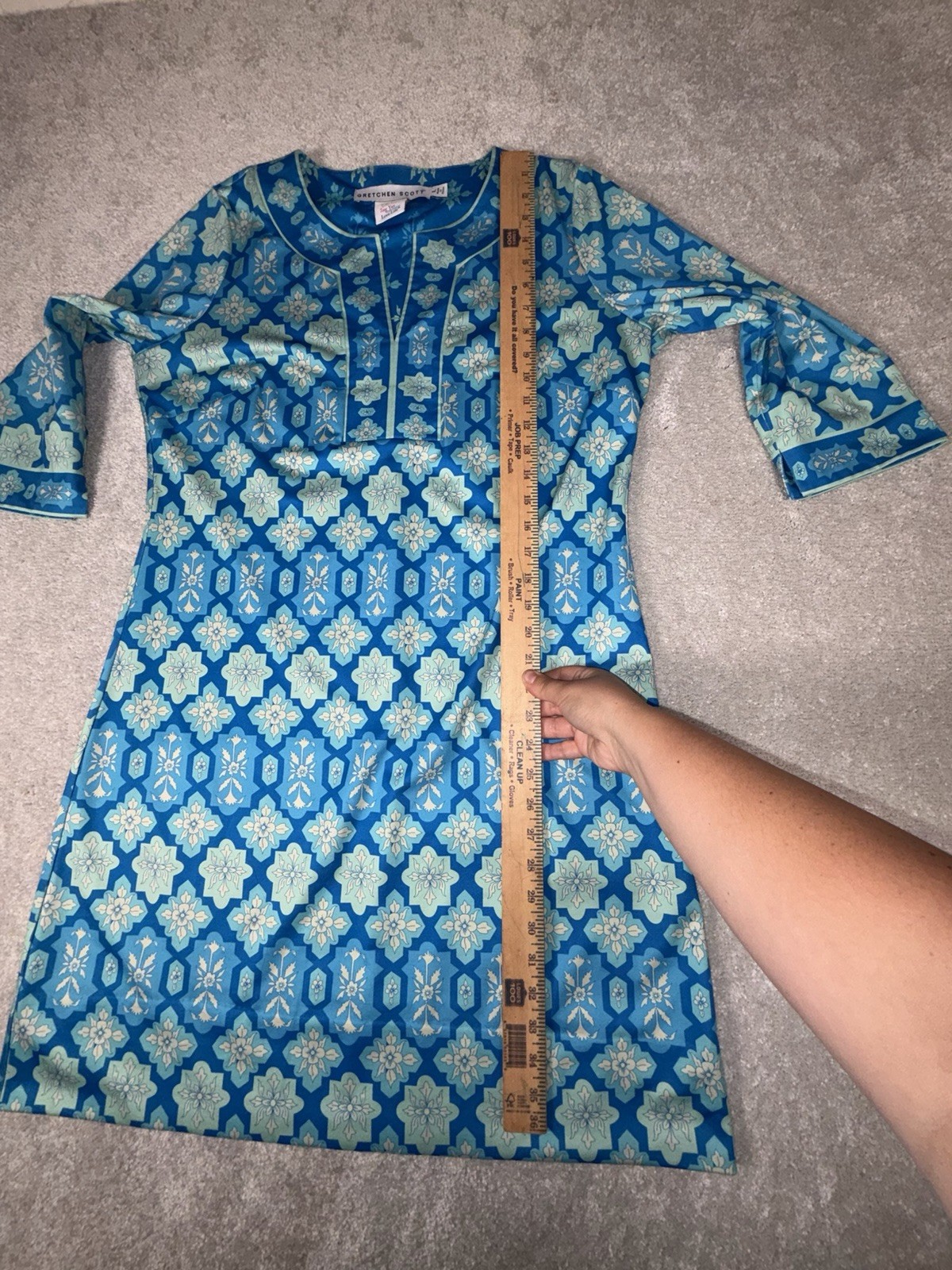Gretchen Scott Split Neck Jersey Dress Turquoise Geometric Print Large