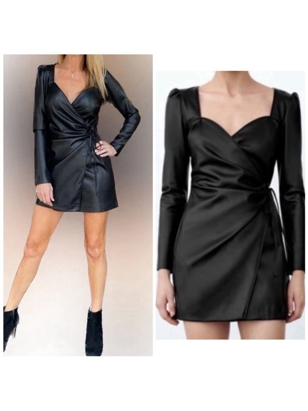 House of Harlow 1960 Black Vegan Leather Long Sleeve Mini Wrap Dress NWOT large