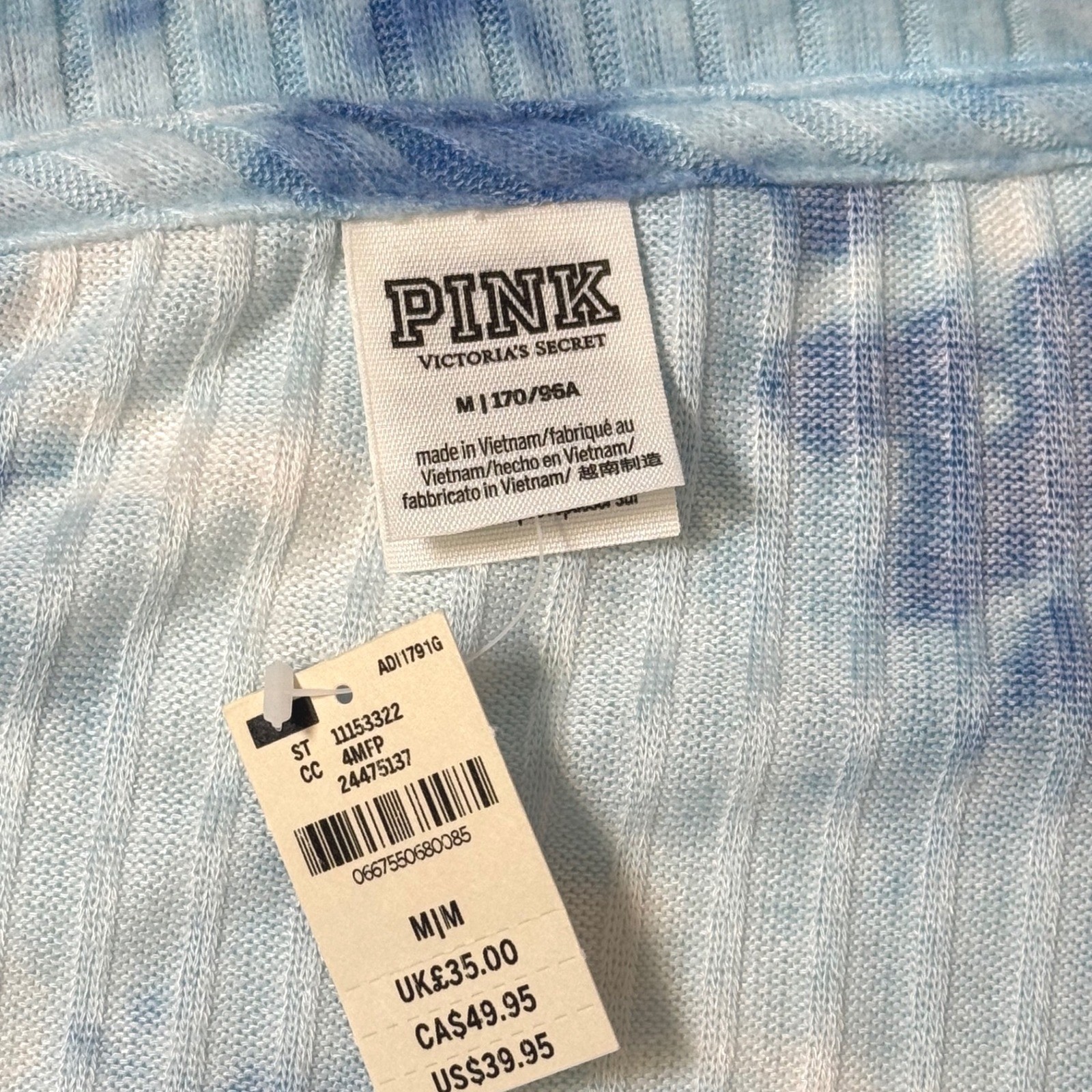 PINK Victoria’s Secret Tie Dye Ribbed V-Neck Long Sleeve Top Blue White Medium