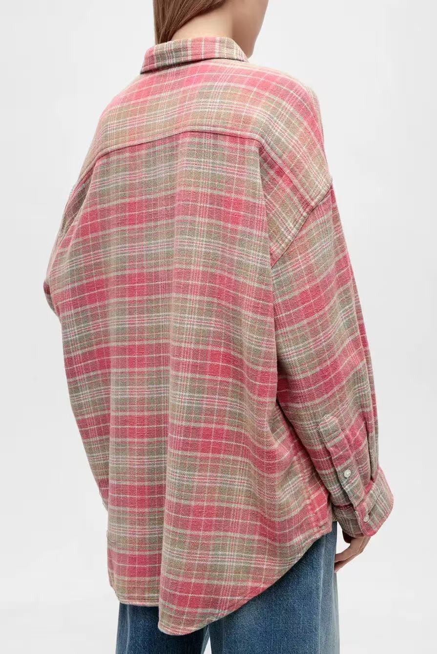 R13 DROP NECK WORKSHIRT in Pink Teal Plaid Size S