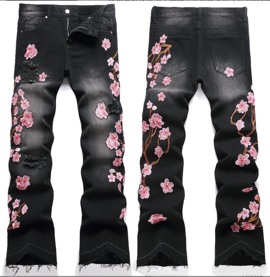 Men’s Black Denim Jeans Straight Leg Casual Pants Floral Embroidery Punk Hip Hop