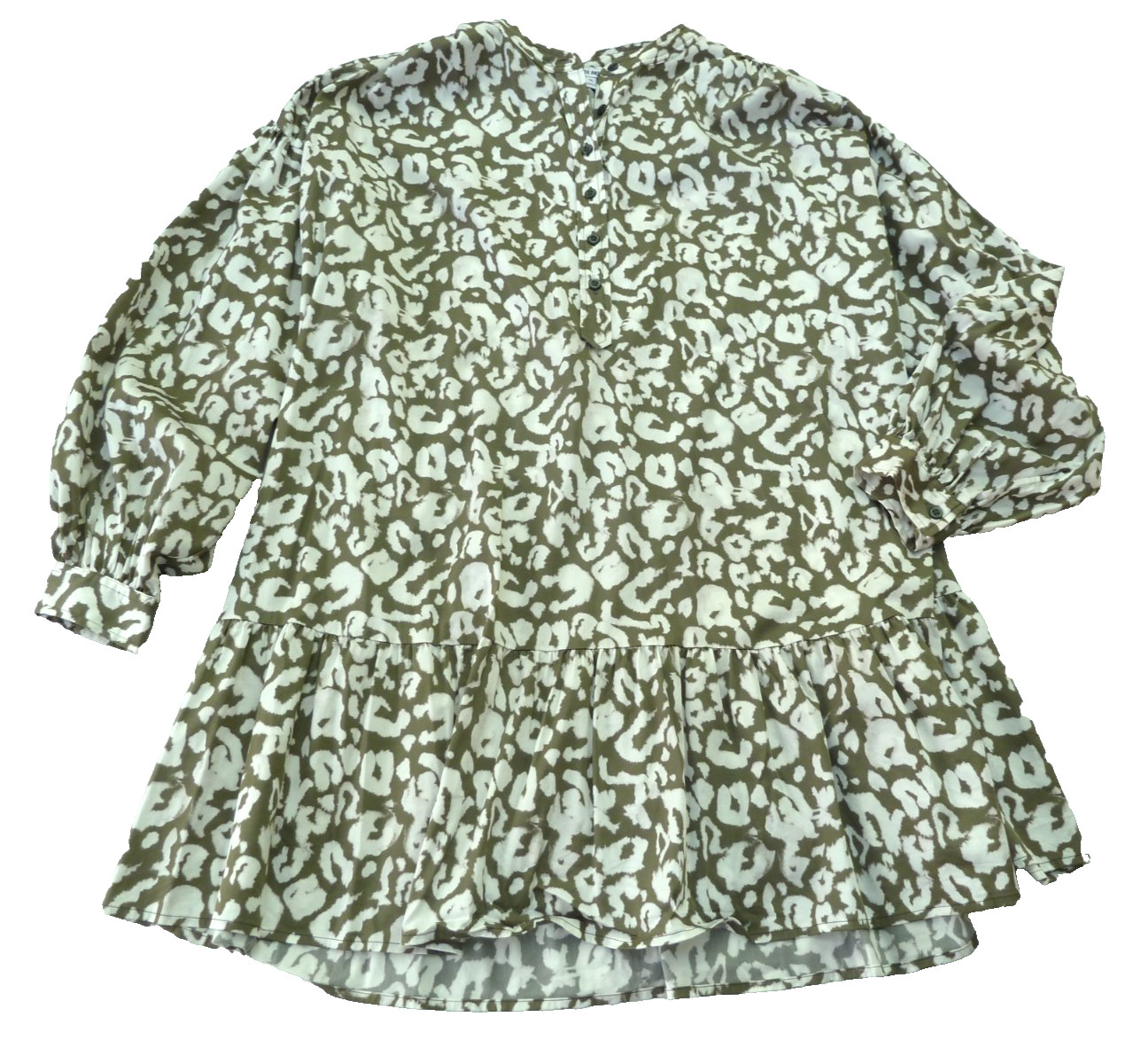 Elizabeth and James Dress XL Puff Sleeve Ruffle Relaxed Green White Cheetah
