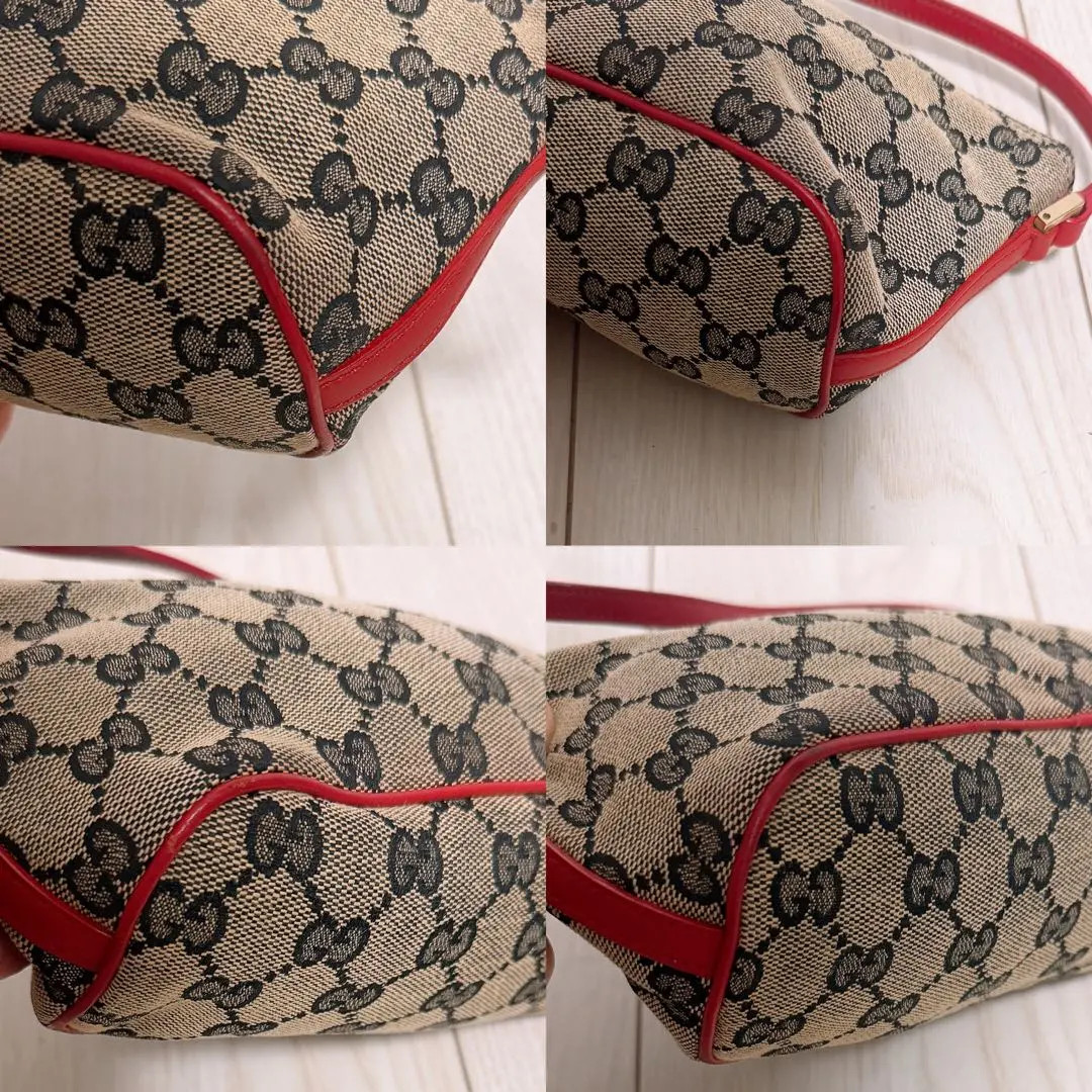 Authentic GUCCI GG Canvas Accessory Pouch Beige Handbag Gold Logo Plate