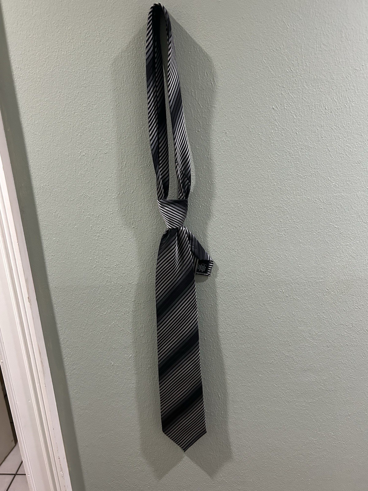 Van Heusen Men’s Striped Tie Necktie, Black Gray White, Polyester, Handmade
