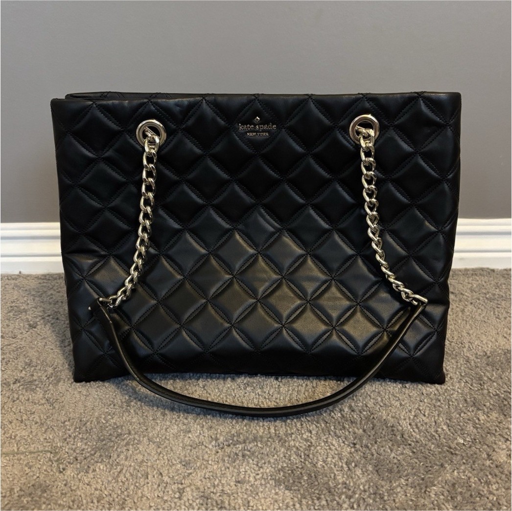 Kate Spade Black Quilted Tote Chain Straps Zip Lined Bag