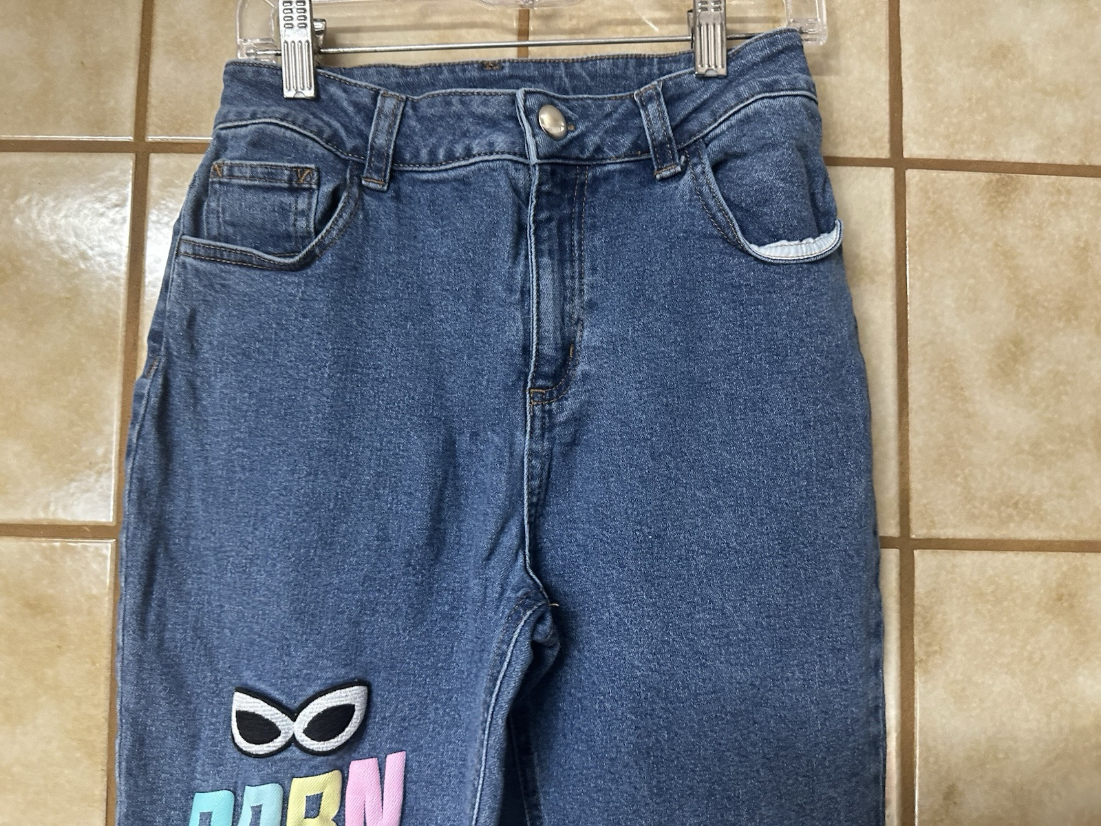 Barbie Big Girls Denim Jeans Size 12 Embellished Decal Patches Schoolcore Play