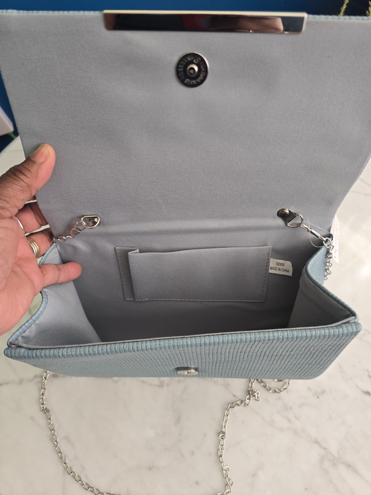 Bijoux Terner Blue Solid Rectangle Clutch Detachable Silver Chain, Magnetic