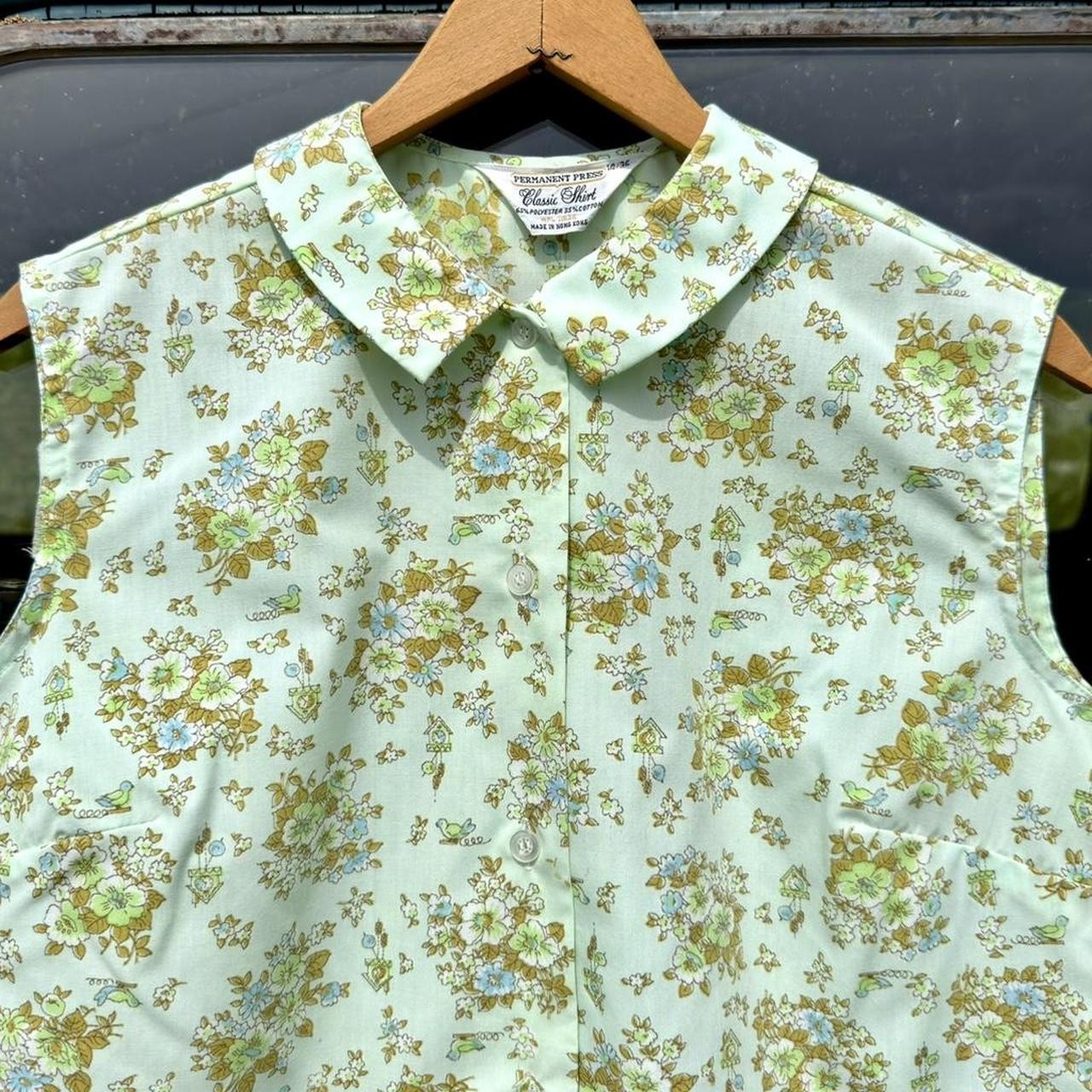 50s permanent press novelty cuckoo clock bird button-up blouse salvage hem