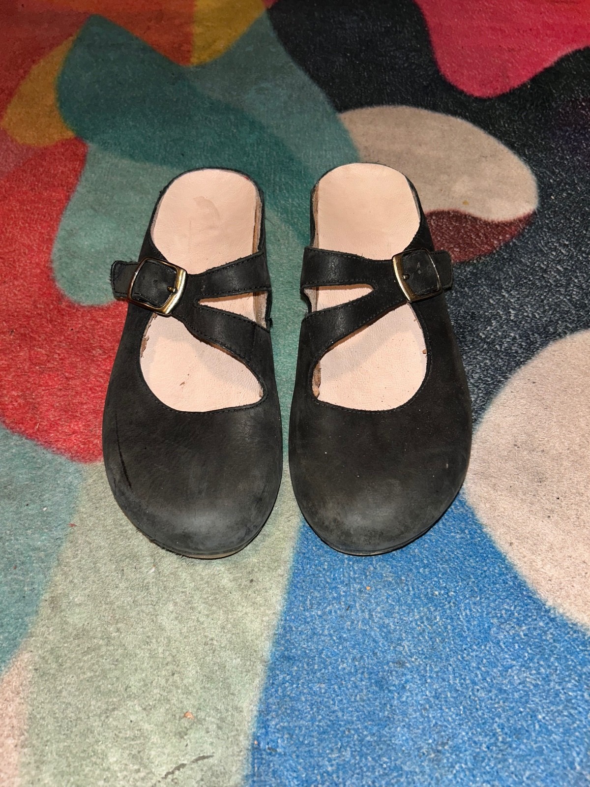 Black Leather Mary Jane Style Women’s Mules Buckle Strap