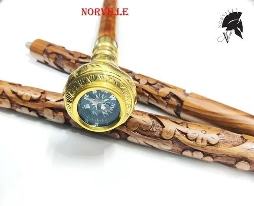 Nautical Compass Walking Stick Floral Hand Carved Designer Walking Cane Stick