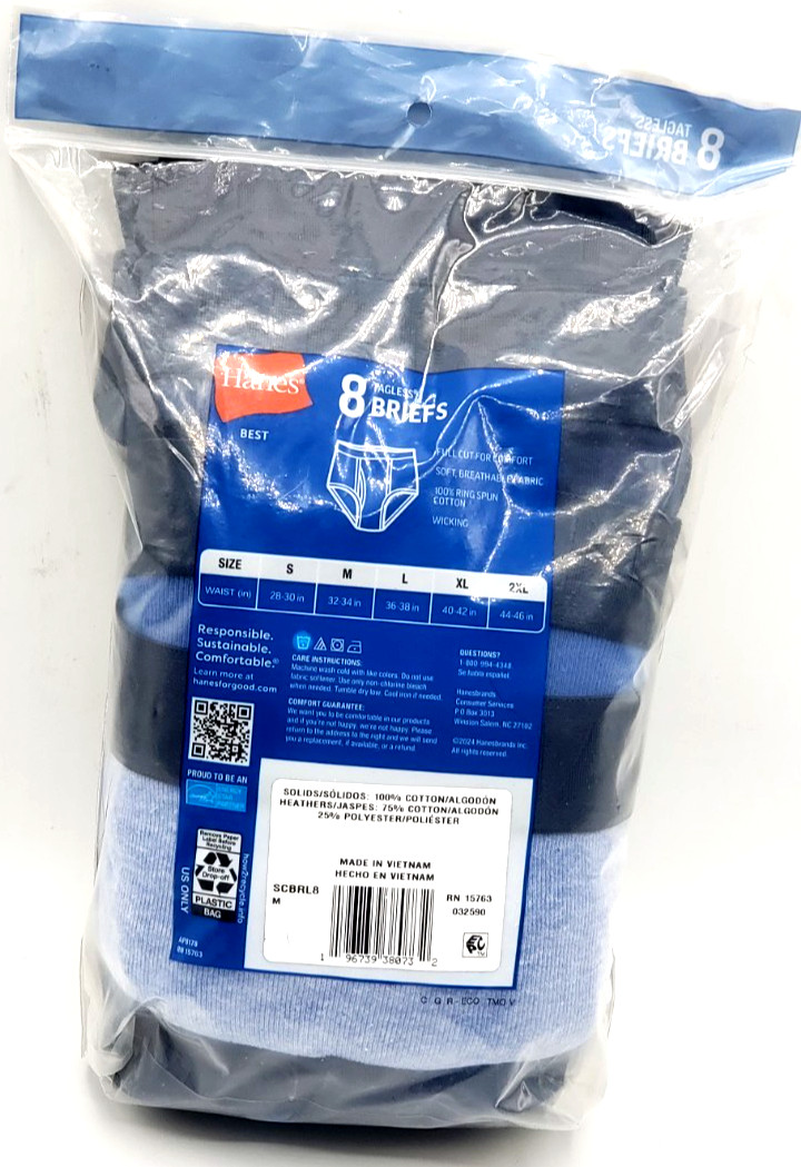 Hanes Men’s Tagless Briefs 8-Pack Our Softest Cotton Assorted Blues Size M