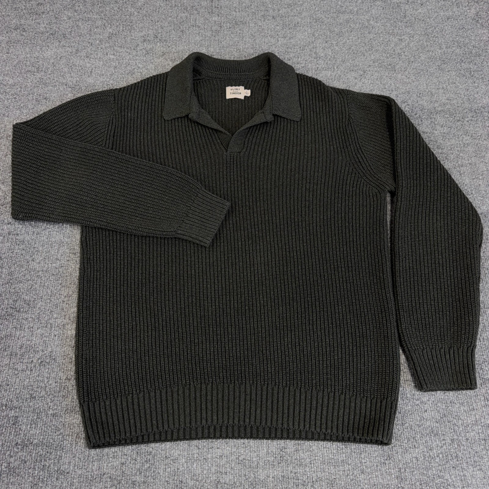 Flint and Tinder Sweater Mens Large Green Ribbed Cotton Fisherman Polo Collared