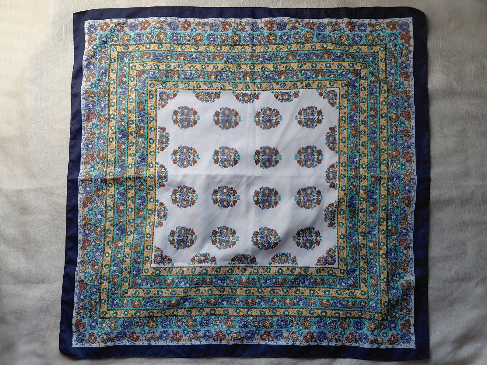 Vintage Blue Floral Medallion Square Scarf Boho Festival Head Wrap Neckerchief
