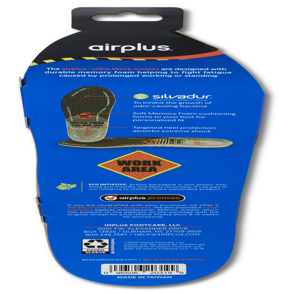 Airplus Ultra Work Memory Insole Men’S 7-13, Cut-To-Fit Cushioning Foam with Ch