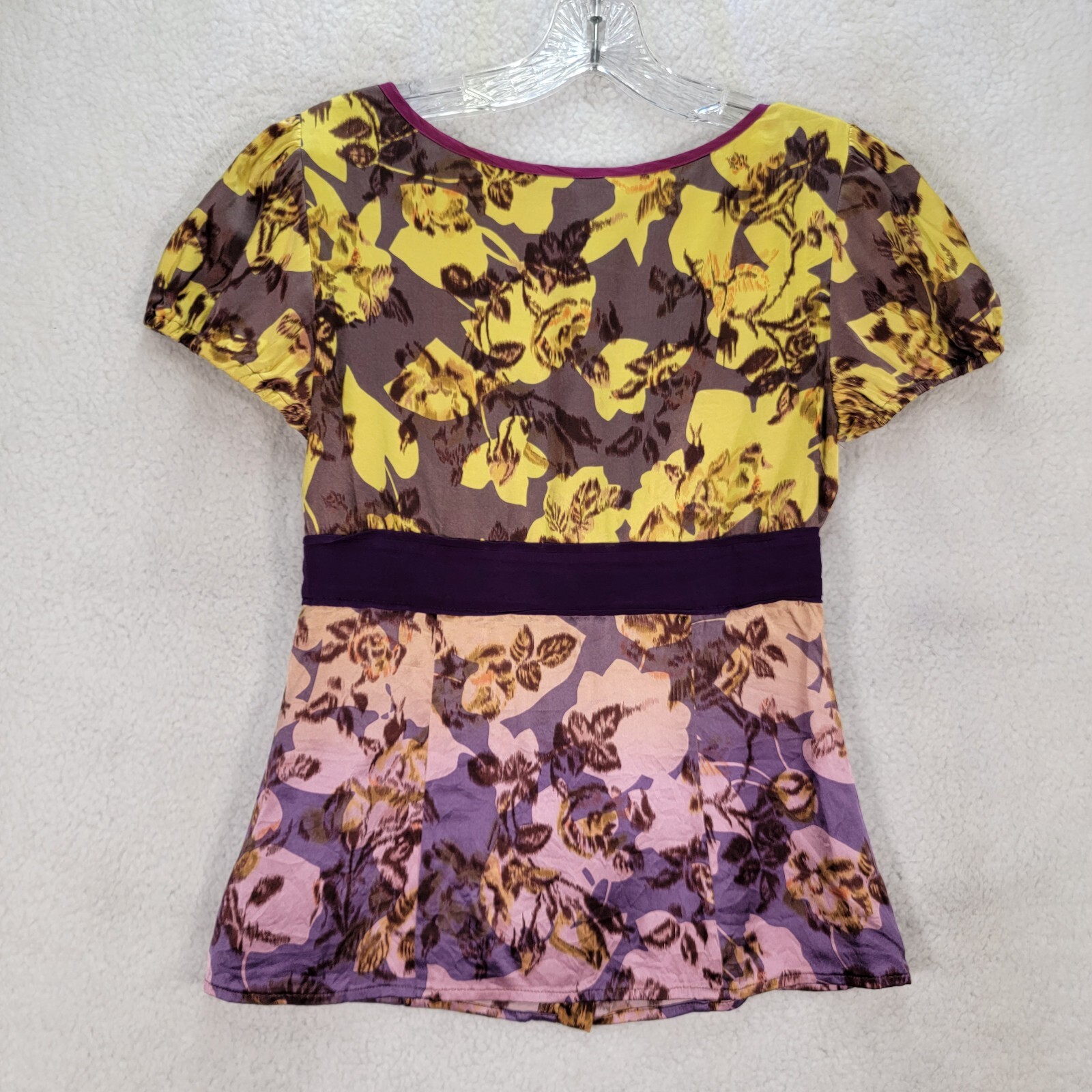 Marciano Women Top Size S Yellow Floral Ombre Silk V Neck Y2K Puff Sleeve Blouse