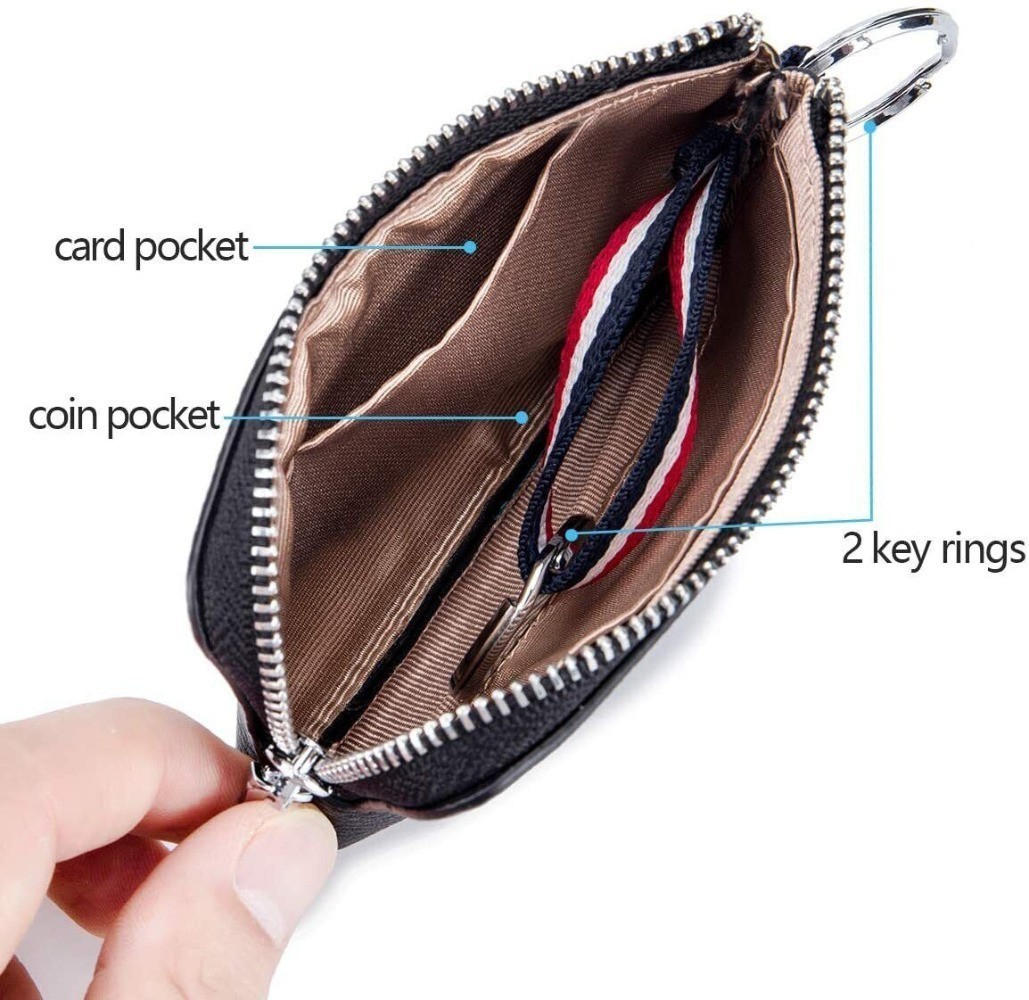 Genuine Leather Coin Purse Change Pouch With Zipper & Key Chain For Men Women