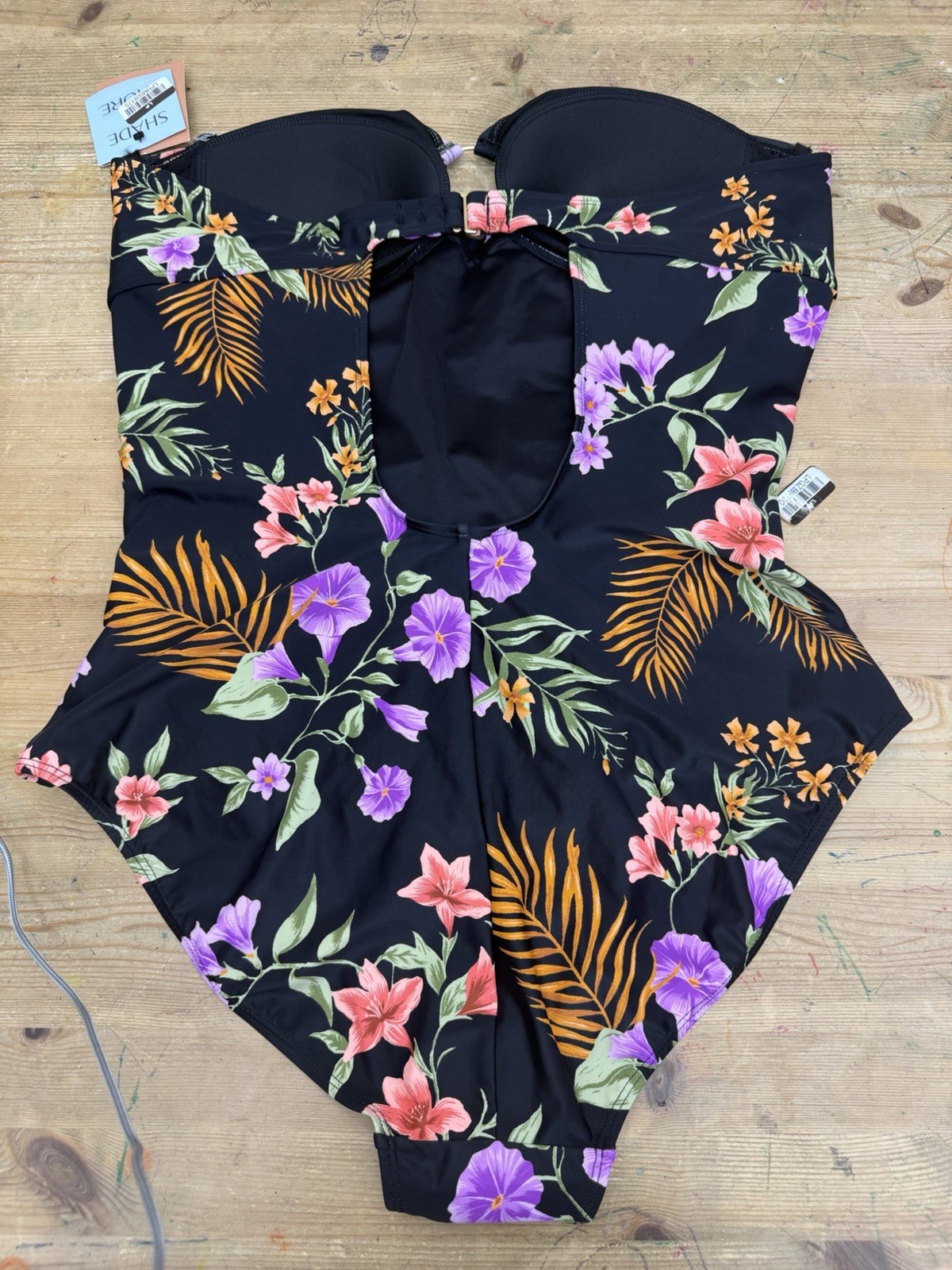 Shade & Shore XL Strapless Bandeau One Piece Tummy Control Floral Black
