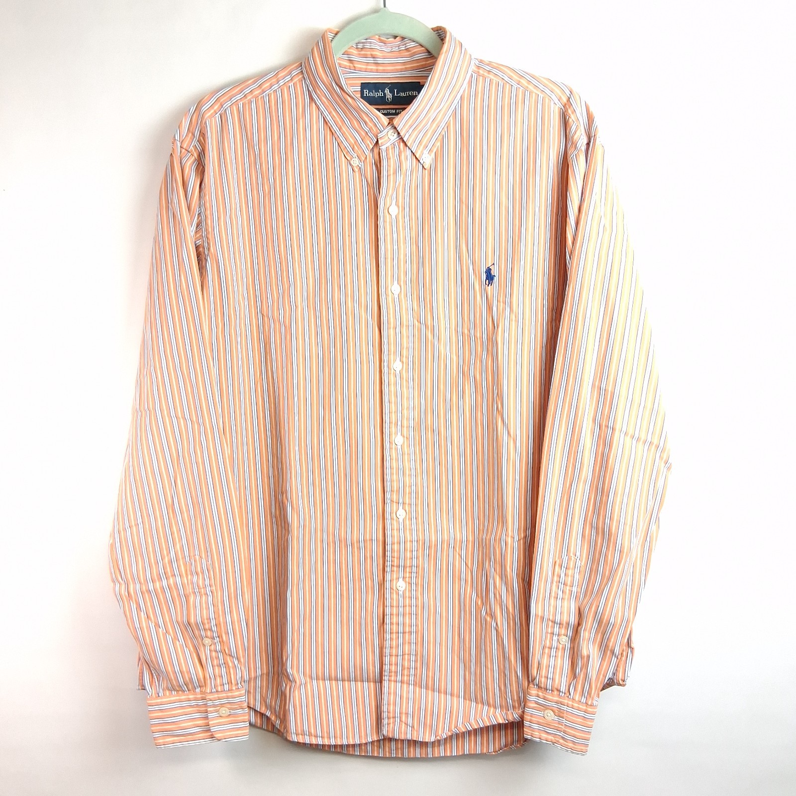 Ralph Lauren Button Down Shirt Custom Fit Long Sleeve Size XL Orange Striped