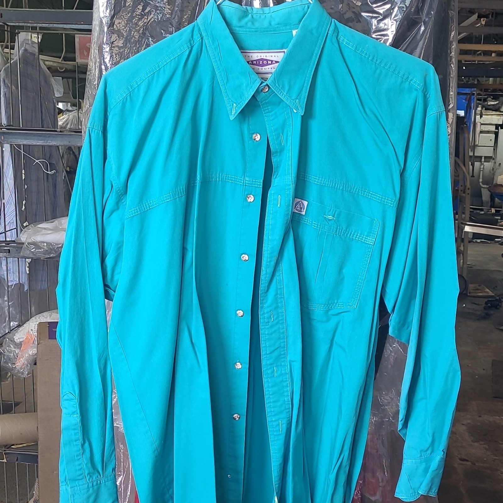 Vintage Arizona Jean Company Men’s L Cotton Turquoise Solid LS Button-Up Pockets