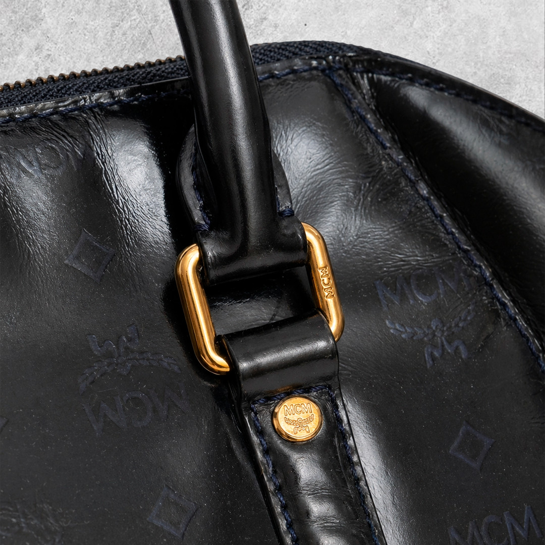 MCM Bag Luxury Black Patent Monogram Satchel Boston Bag Gold Hardware Glossy