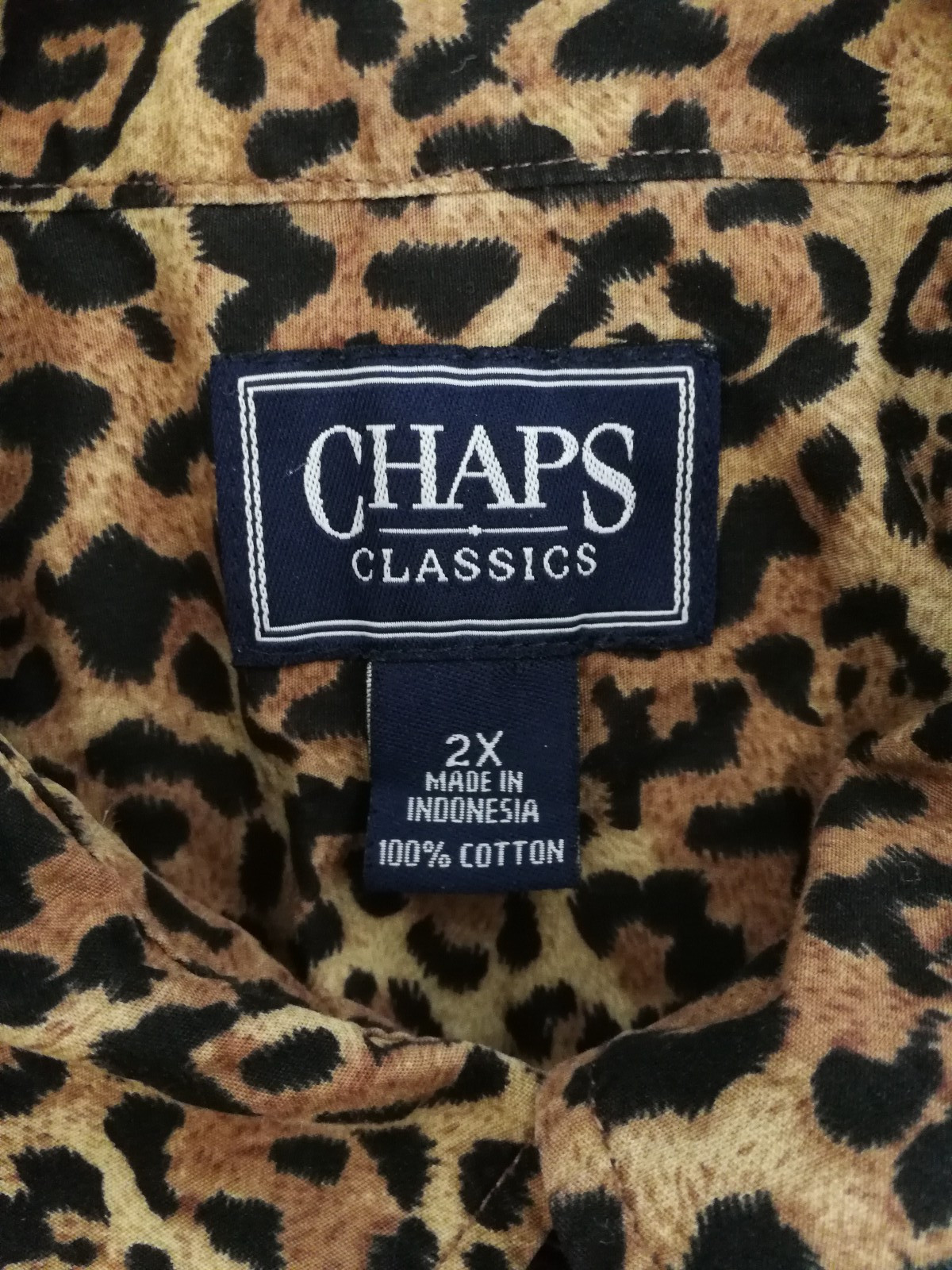 Chaps Classics Womens Blouse 2X Plus Leopard Animal Print Button Up Long Sleeve