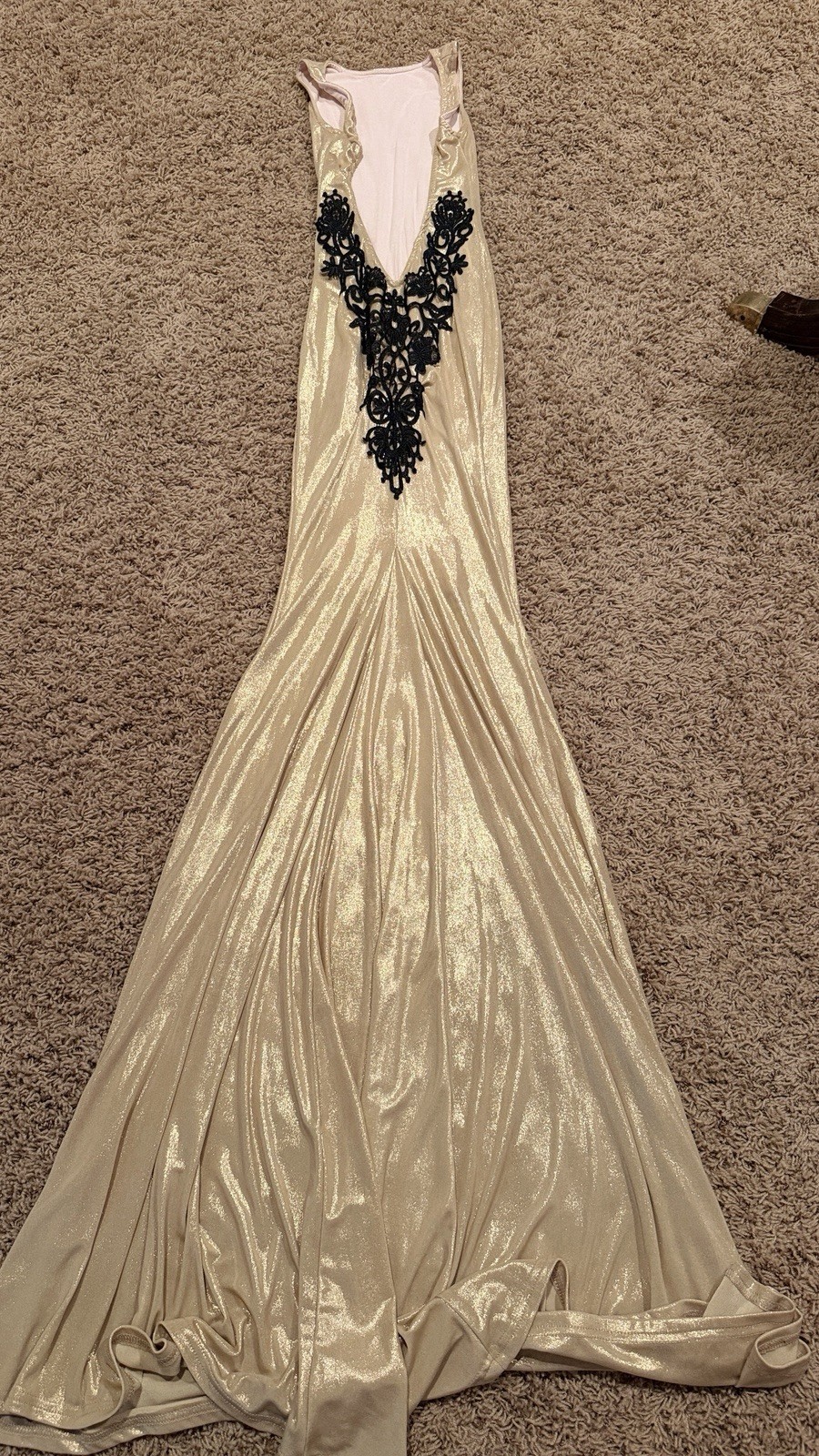 BBY Butterfly Collection Gold Metallic Maxi Gown Lace Plunge Dress EU 36 US 4