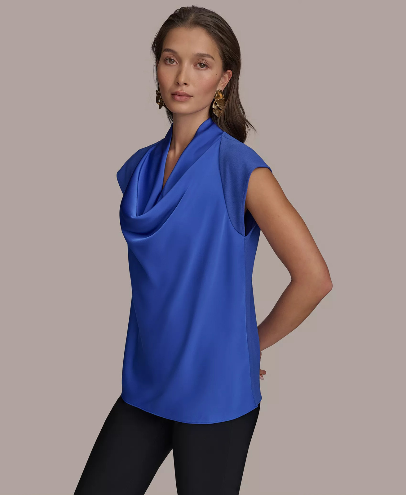 /LX010/ Donna Karan New York Cap Sleeve Cowl Neck Top Blue Sz M