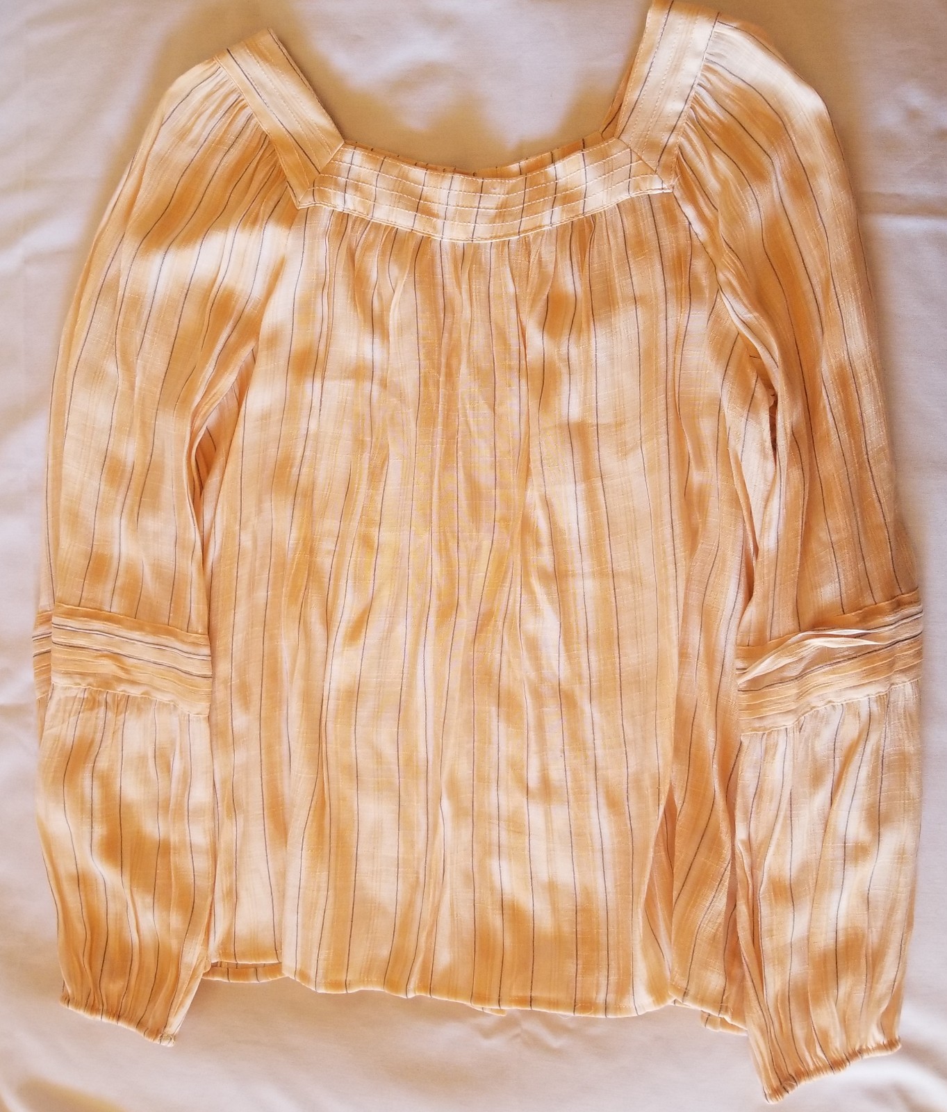 LC Lauren Conrad Peasant Blouse Peach Colored with Gray Pin Stripes Sz L Boho