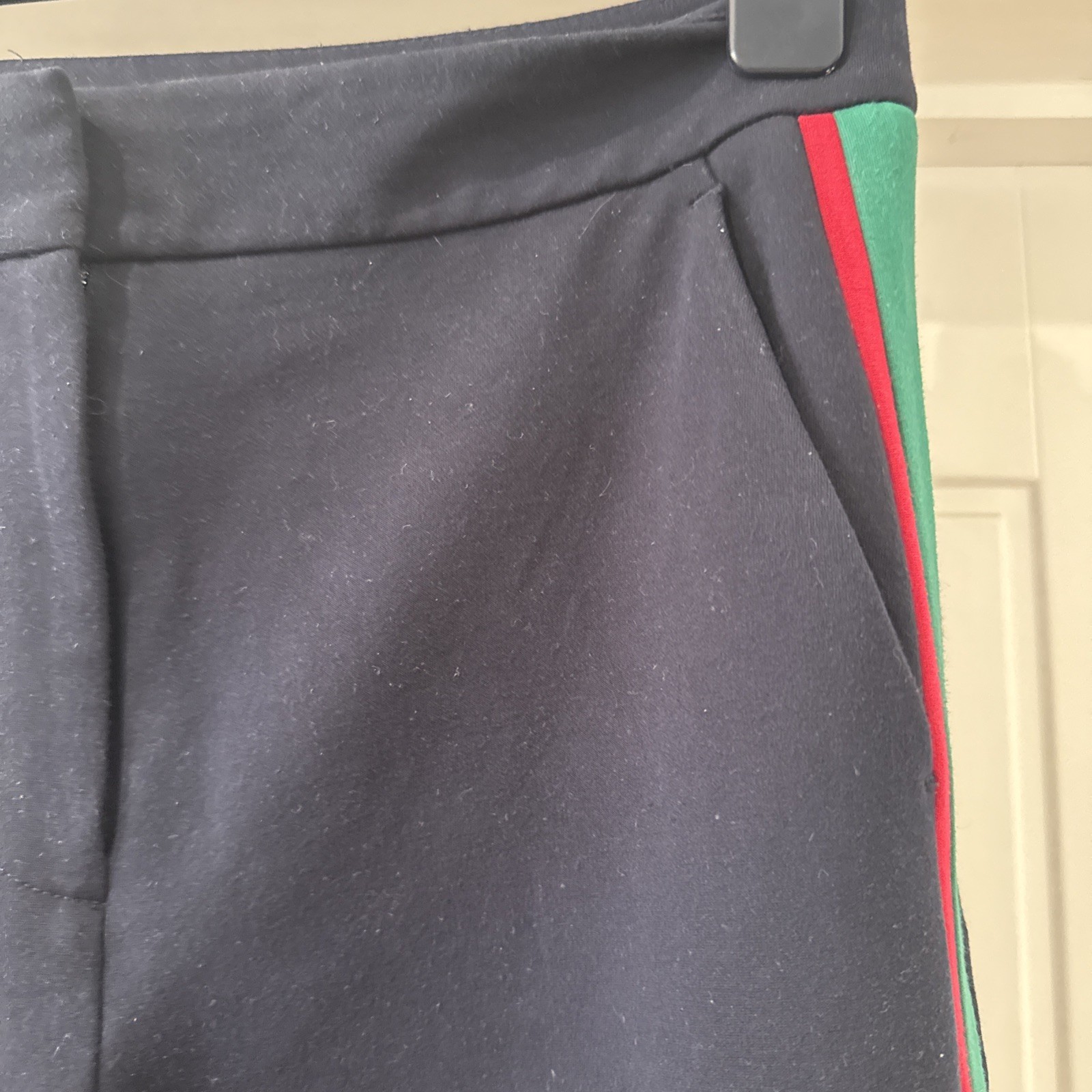 Boden Trousers Straight Wide Leg Navy Size 12P Uk Red & Green Stripe