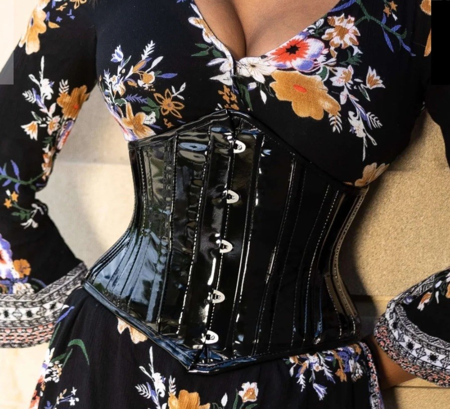 Corset Story Black PVC Steel Boned Waspie Underbust Corset Size 42″