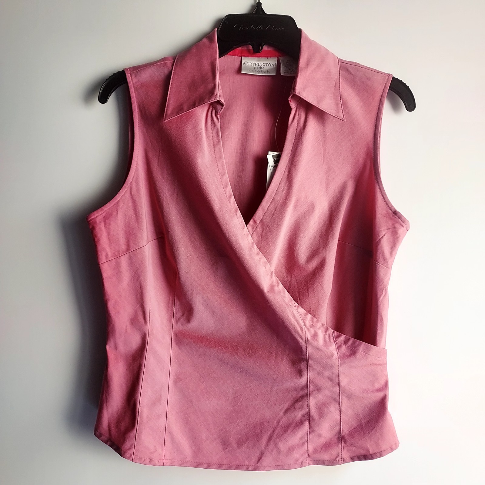 Worthington Women’s Collared Sleeveless Faux Wrap Top Petite Medium Rose Pink