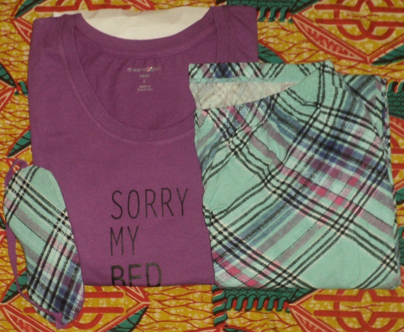 Dreams & Co. Plus Size Multi Plaid Pajama Set With/Eye Mask Size L(18/20)