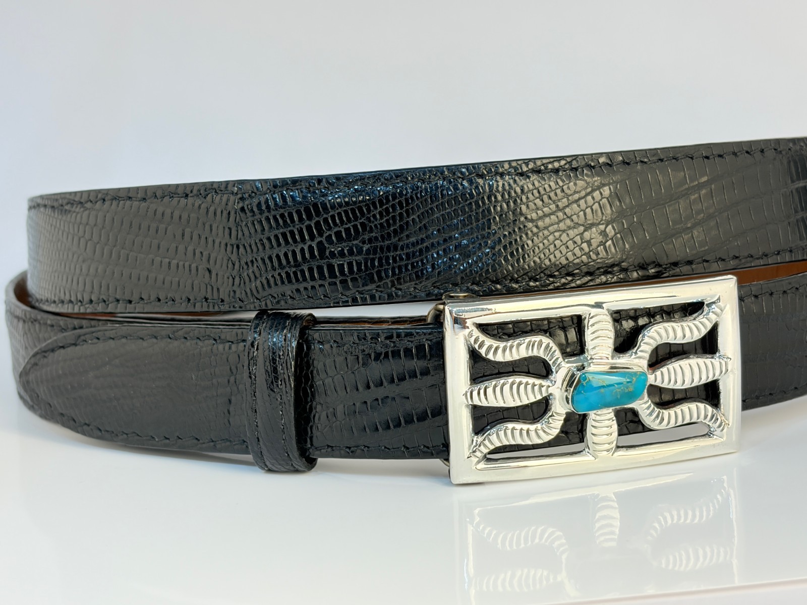 Vintage Sandcast Sterling Silver .925 Turquoise Belt Buckle 38 Genuine Lizard