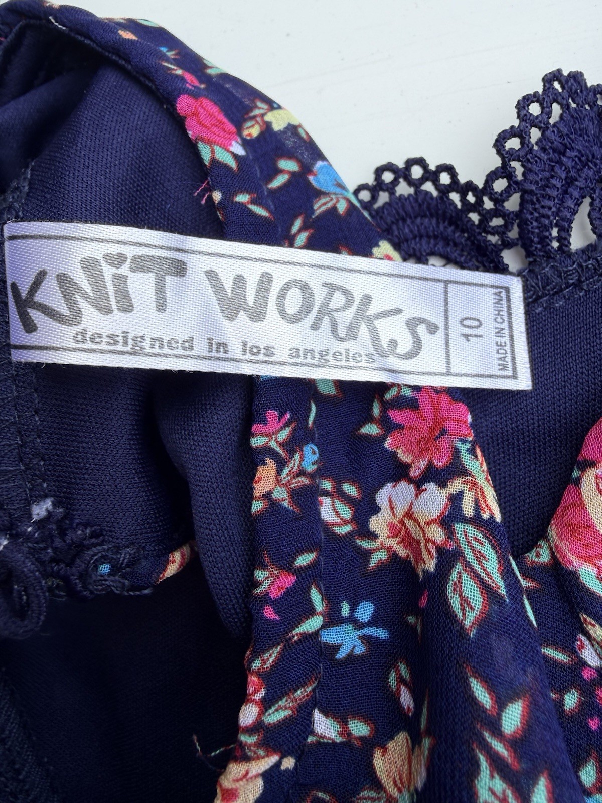 Knit Works Blue Floral, Lined Sleeveless With Blue Crochet Neck And Hem