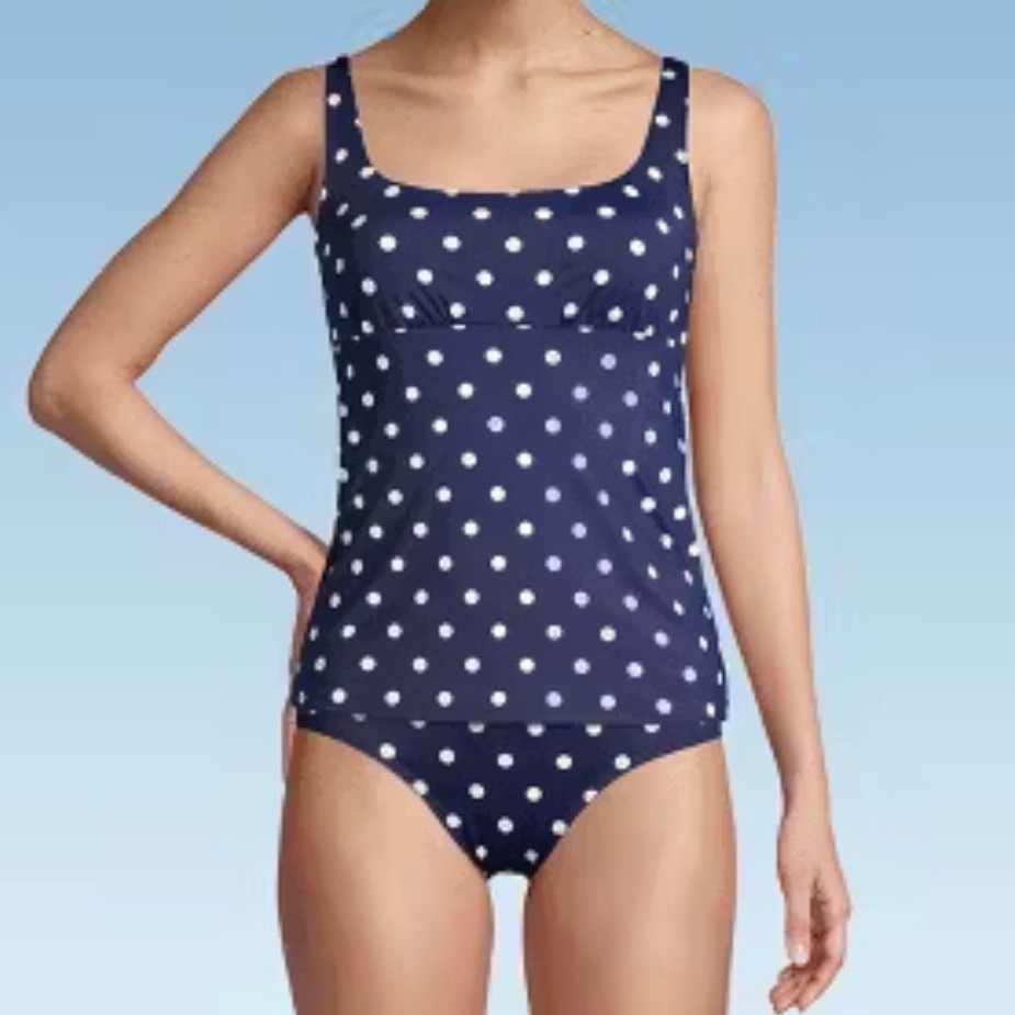 Lands End women’s UPF 50 polka dot high one piece swimsuit, navy blue, Large