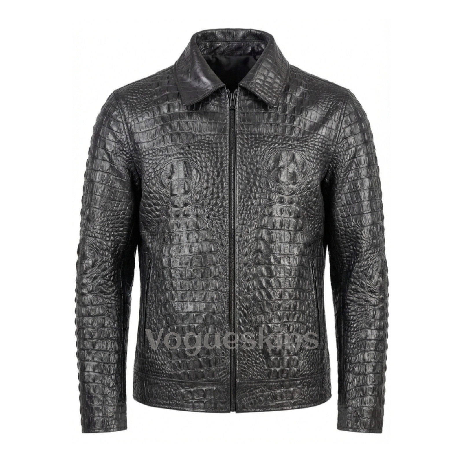 Men’s Black Crocodile Embossed Leather Jacket Real Cowhide Biker Slim Fit