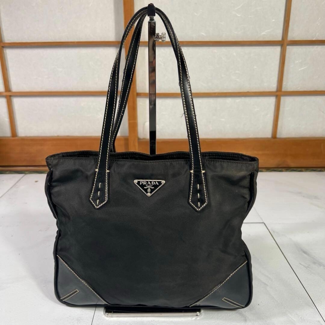 PRADA Black Nylon Leather Triangle Logo Tote Bag Handbag Unisex Silver Hardware