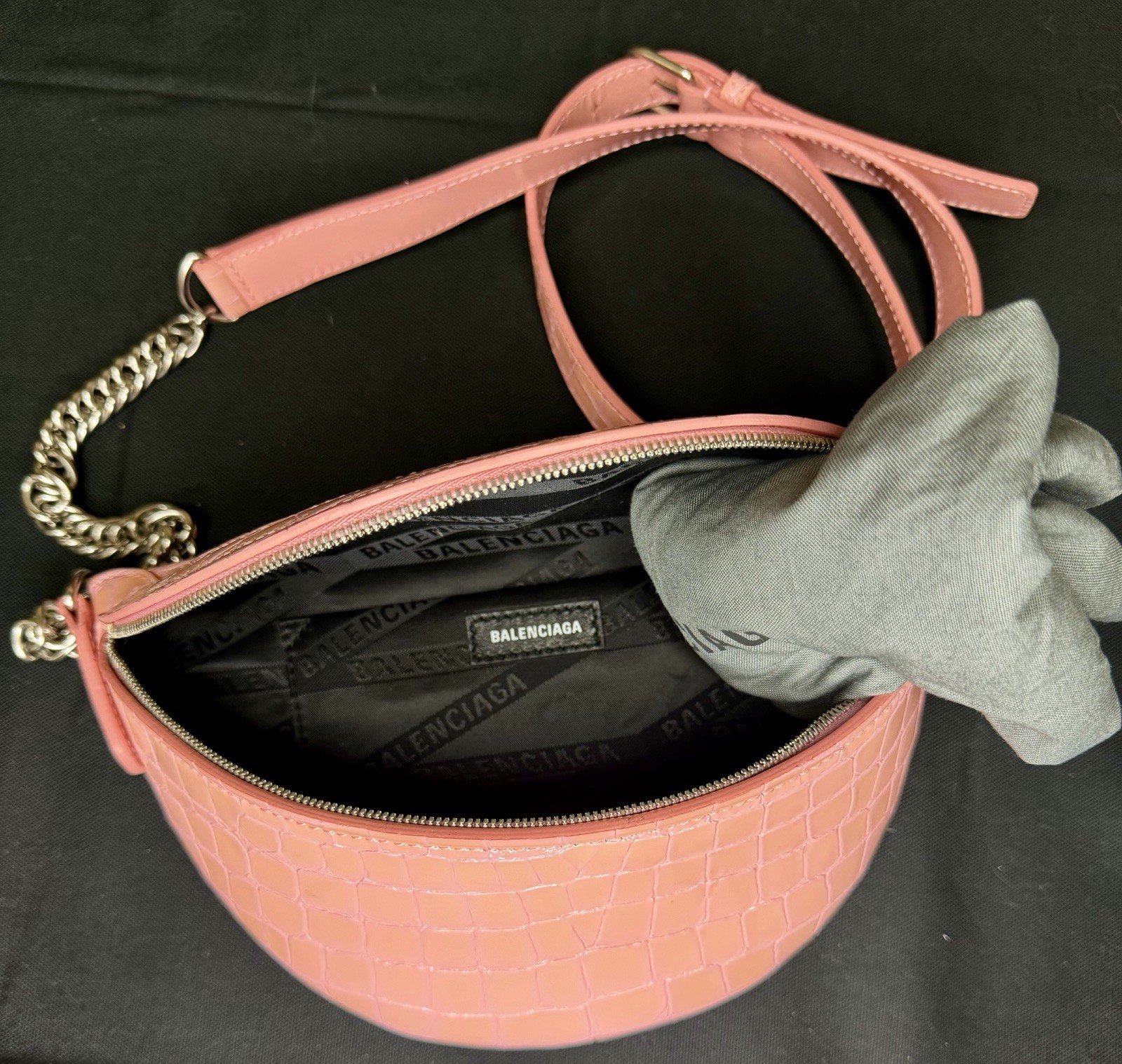 Balenciaga Pink Croc Pattern Embossed Small Belt Bag Chain Strap Zip Dust Bag